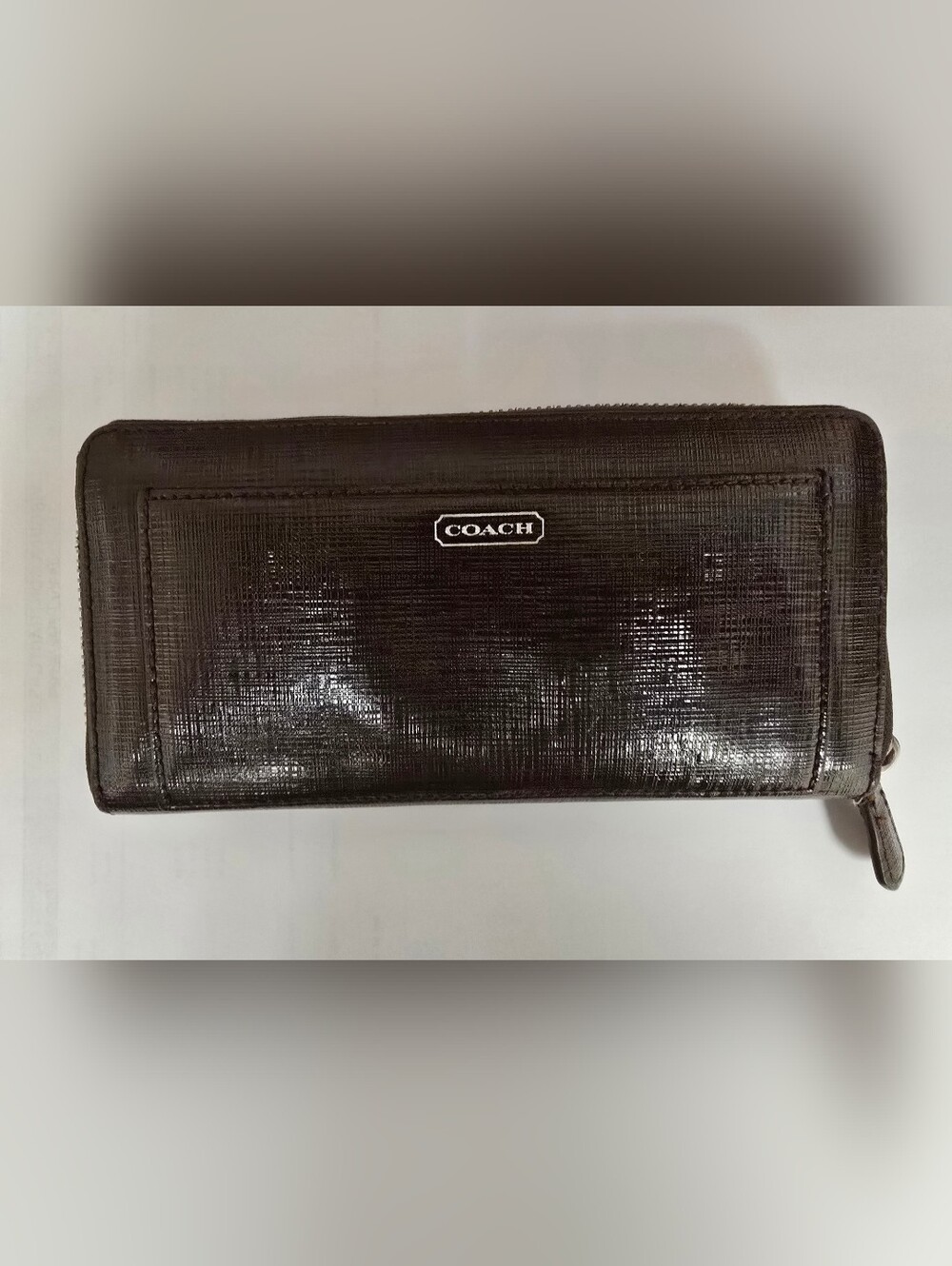 COACH Darcy Patent Leather Accordion Zip Wallet Brown Mahogany